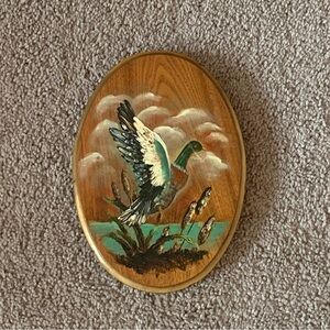 Vintage 70s hand painted Mallard duck oval wooden wall art decor plaque